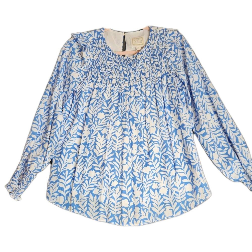 STS Sail to Sable Women’s Blue Smocked Ruffle Top Blouse Sz XS Embroidered NWT